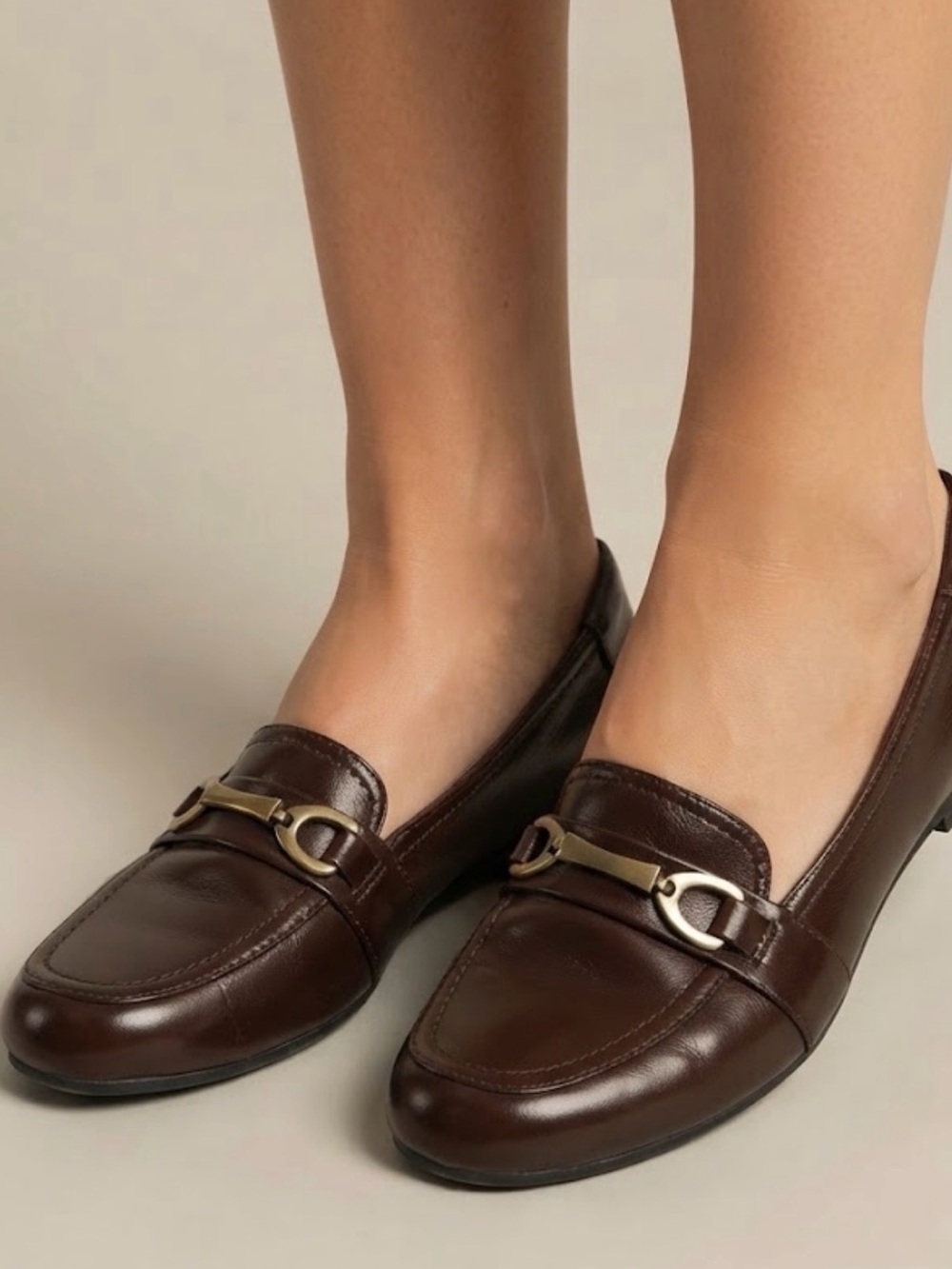 Life Stride Brown Leather Loafers with Gold Tone Bit